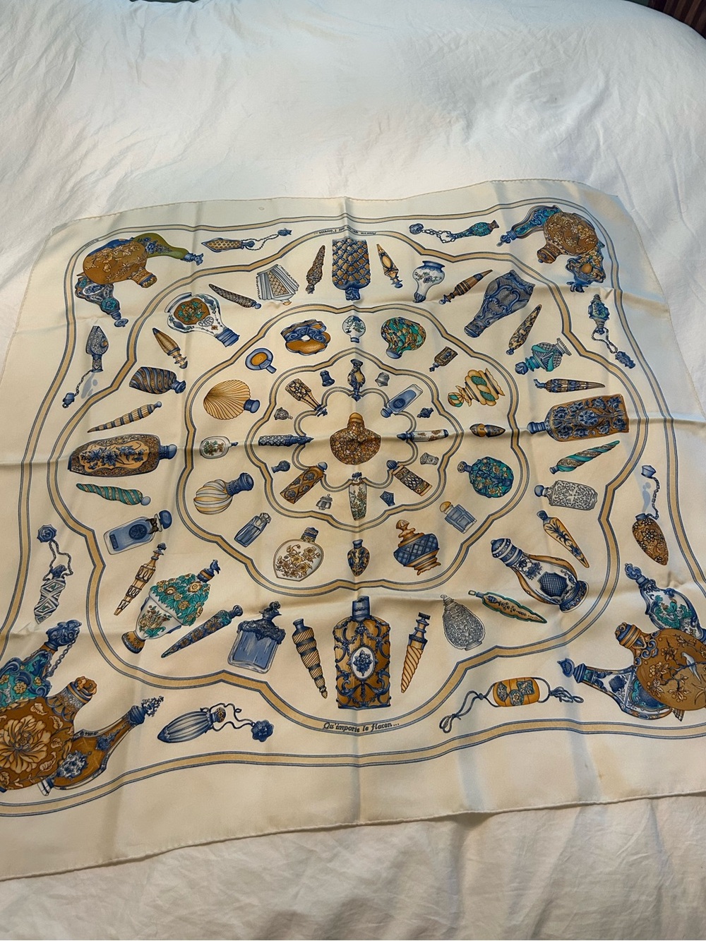 Vintage Hermes Cream, Blue and Gold Silk Scarf Carré 90